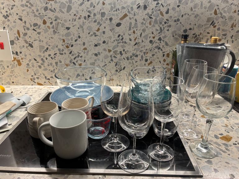 Glasses cups bowls plates