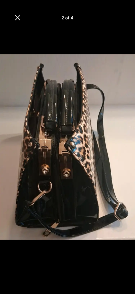 Leopard Print and Black Patent Handbag - Good Condition