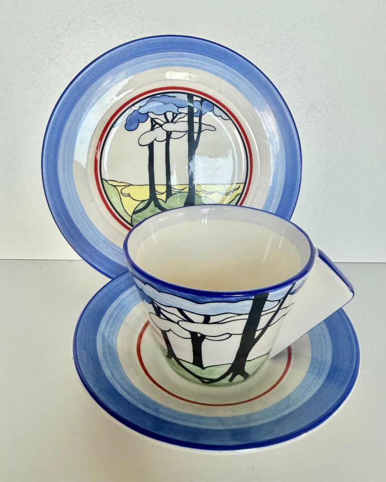 image for Wedgwood Clarice Cliff Conical Cup, Saucer & Plate Set – Blue Firs (1999)