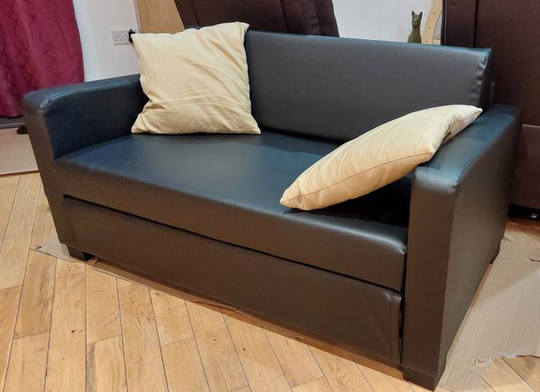 Sofa bed 2 seater fold out double bed black faux leather 
