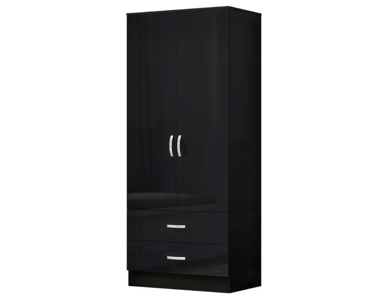 New NERA Black Gloss Wardrobe with 2 Drawers – Boxed