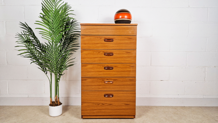 Schreiber Vintage Mid Century Medium Teak Retro Tallboy Chest Of Drawers PG170