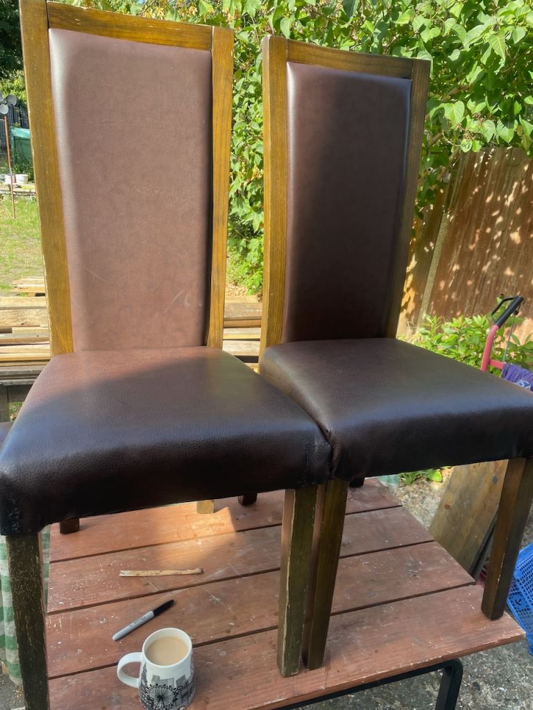 Pair of Brown Faux Leather Dining Chairs – Good Condition