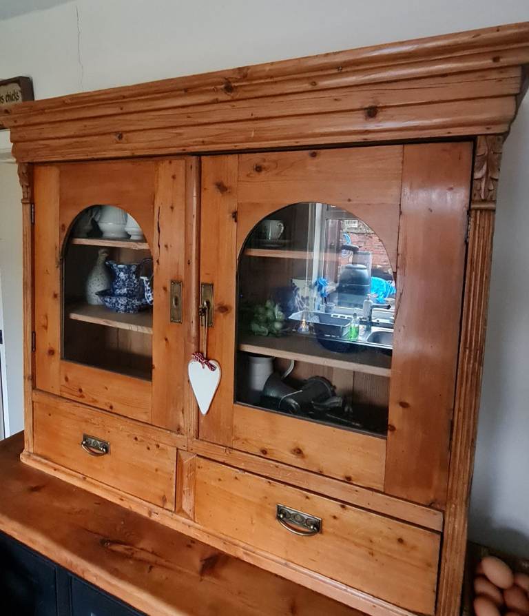 Early Victorian Country Pine Glazed Cupboard Dresser Top