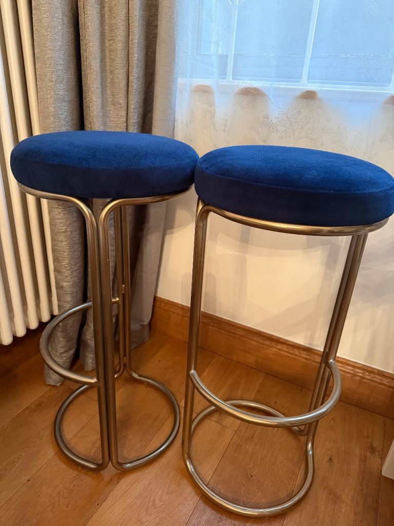 Bar stools x2 West Elm blue velvet