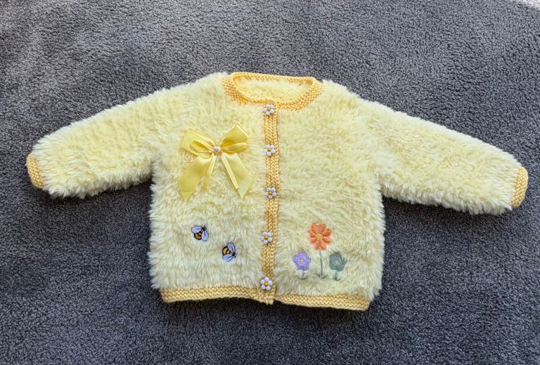 New hand knitted lemon faux fur cardigan jacket 1-2y