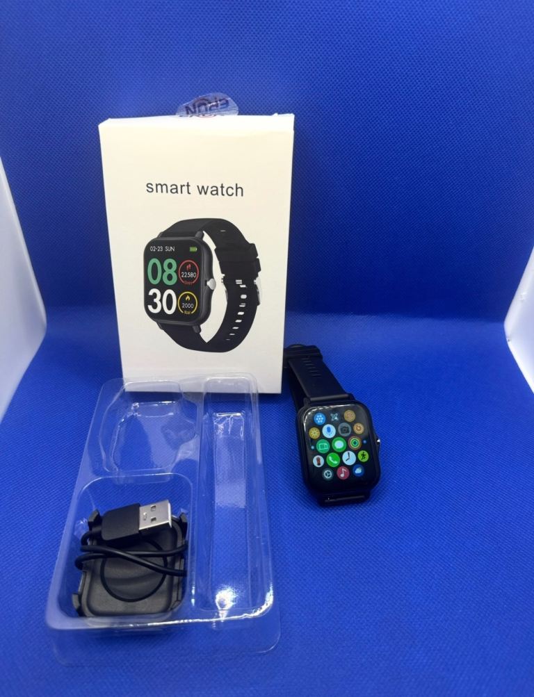 Unused Black Square Screen Smartwatch with USB Charger – Boxed