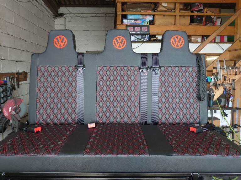 New, Red Diamond stitched Rock and roll bed, With Volkswagen Transporter logo embroidery, delivery