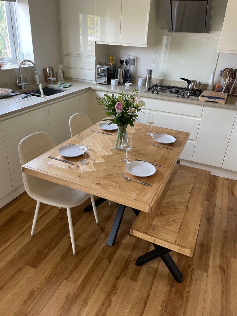 Herringbone Design Dining Table with Bench