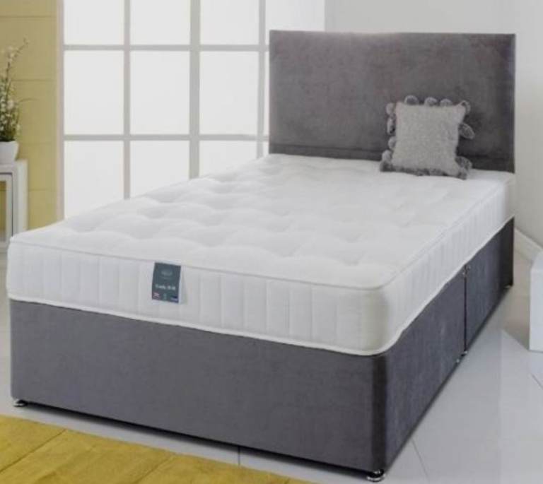 Grey Divan Bed with Headboard and Mattress – Single, Excellent Condition