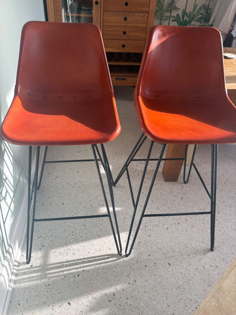 Two Faux Leather Bar Stools Black Legs