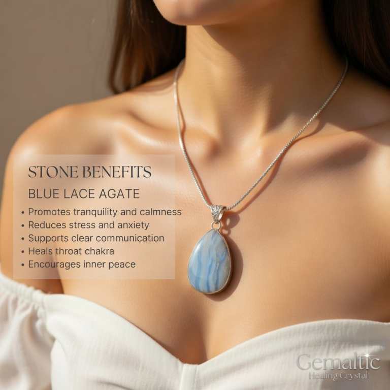 Blue Lace Agate Drop Pendant with 24-Inch Chain – Certified Natural Crystal Necklace for Men &amp;