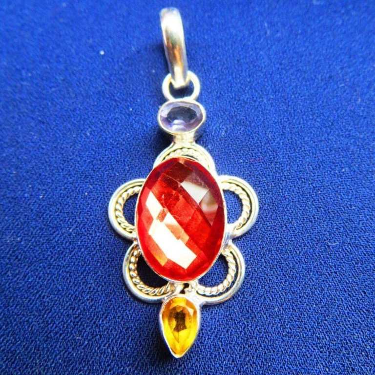 Red Mystic & Citrine Quartz Silver Pendant, Faceted, Engraved Frame, Size - 53mm