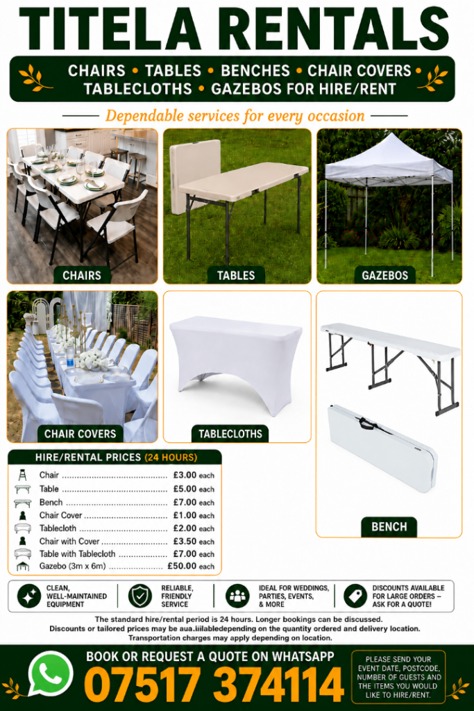 We provides affordable chairs, tables, benches, chair covers, tablecloths and gazebos for hire/rent