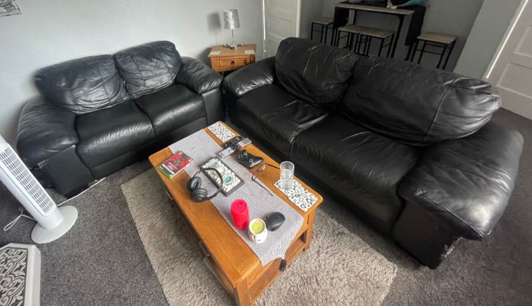 FREE - 3 and a 2 black leather sofas