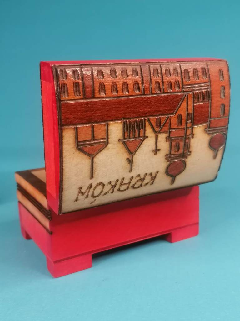 Vintage Wood Treasure Chest Krakow Poland Hand Carved jewelry box. With key.  