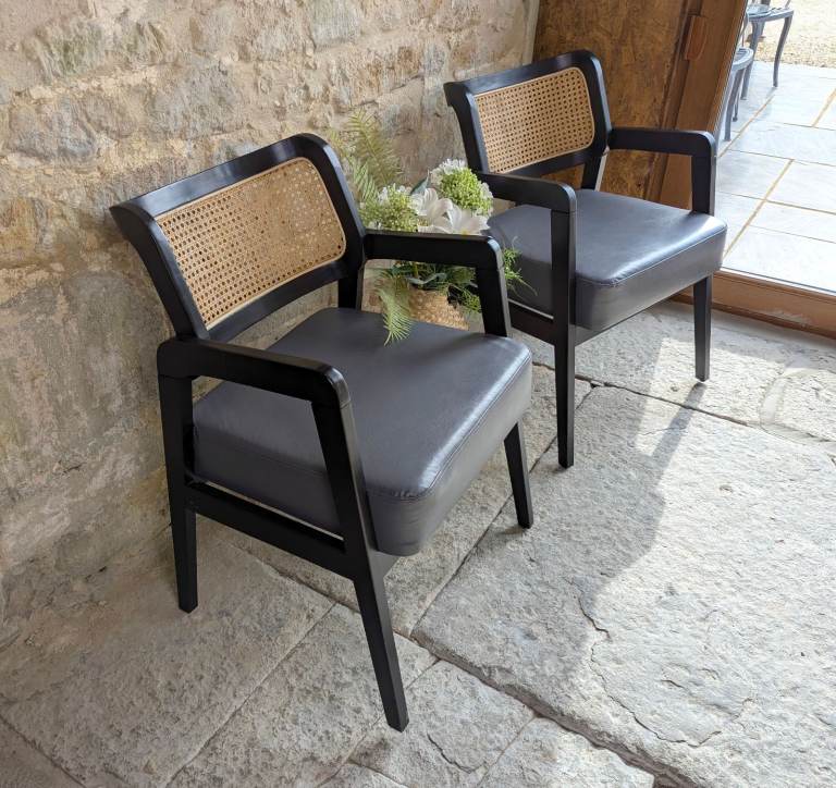 Pair Rattan Back Black Carver Dining Chairs - Occasional Armchairs Cafe Chairs