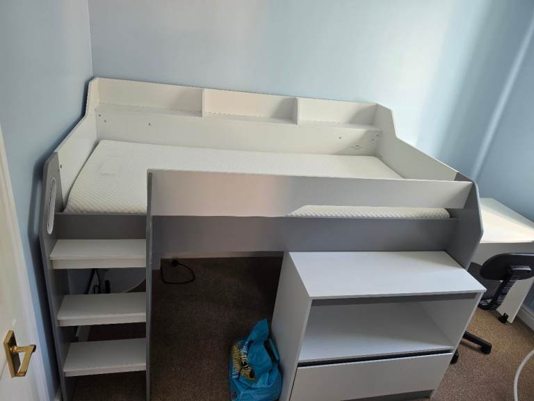 Kids mid sleeper bed with storage and desk