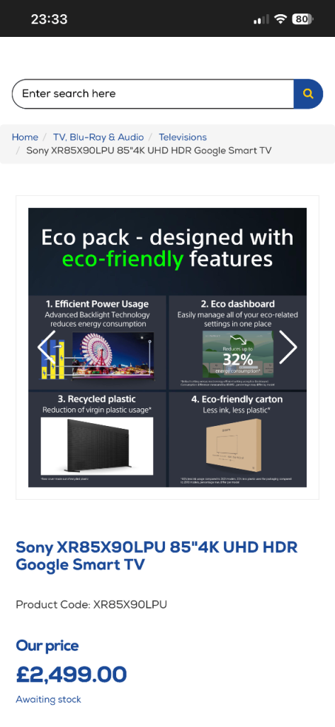 Sony XR85X90LPU 85-inch 4K HDR Full Array LED TV Ultra HD Smart Like New Retail £2499 Bargain