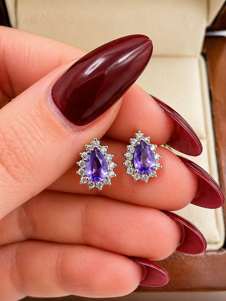 Fine 9ct Gold Amethyst and Diamond Cluster Earrings 