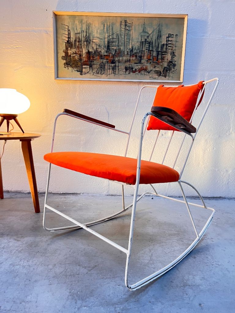Ernest Race Mid-Century Rocking Chair, c.1948 | Original White Enamel Frame & Reupholstered Cushions