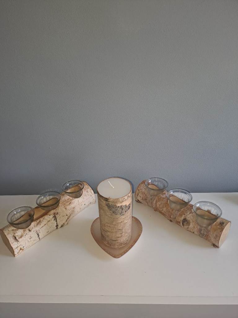 Woodland Birch Tea Light Holders with Heart Tray – As Good As New