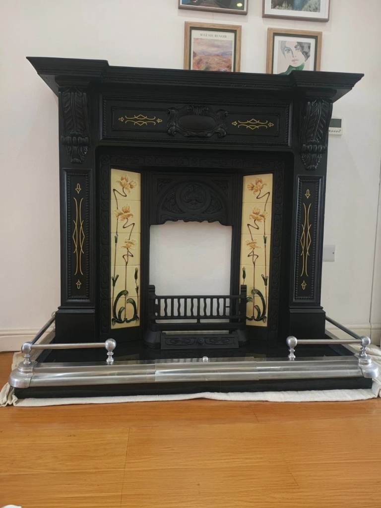 Stunning Victorian Cast Iron Fireplace Suite with Art Nouveau Tile Inserts