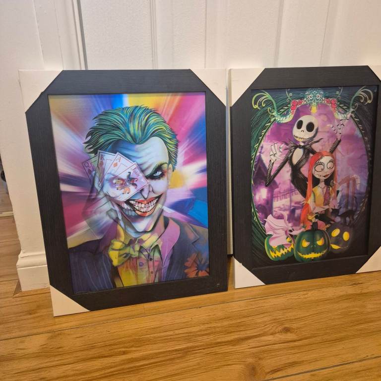 Pair of Framed 3D Lenticular Pictures - Joker & Nightmare Before Christmas