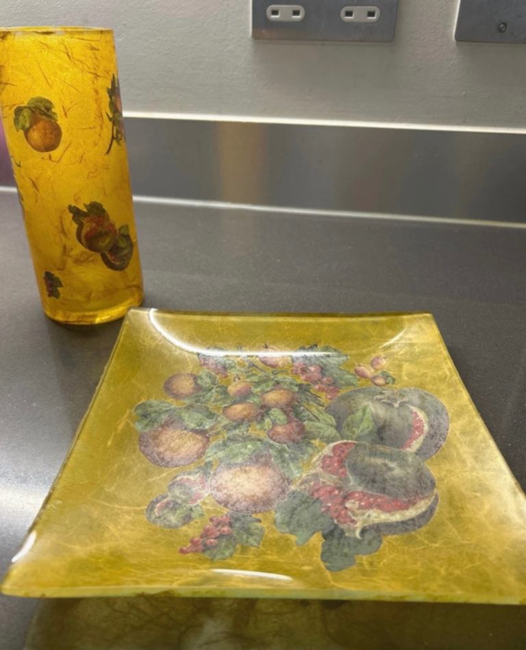 Vintage Decoupage Glass Vase and Matching Decorative Plate Set