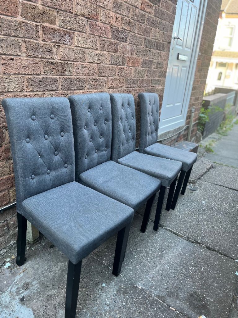 Set of 4 Grey Fabric Dining Chairs – Button Detail, Good Condition
