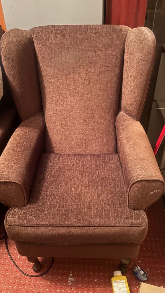 Two Wingback Armchairs  – Brown Fabric, Fair Condition