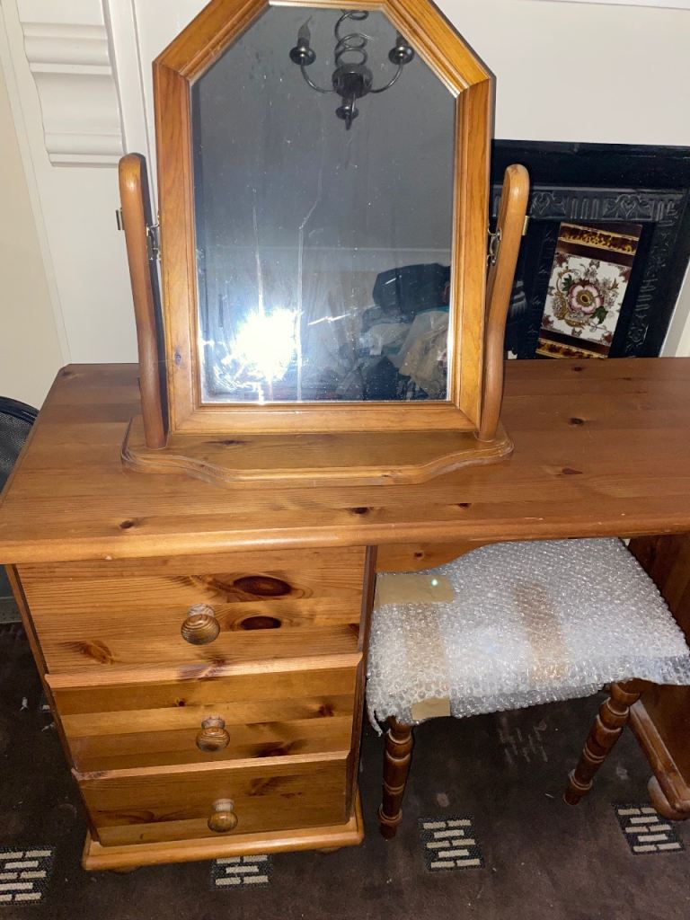 Pine 3 drawer dressing table, stool and mirror
