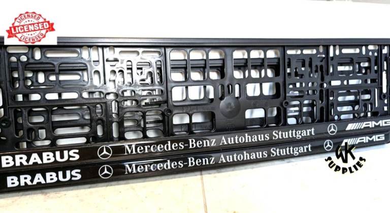 Pair of Mercedes-Benz AMG BRABUS Numberplate Holders Black & Chrome Gel 