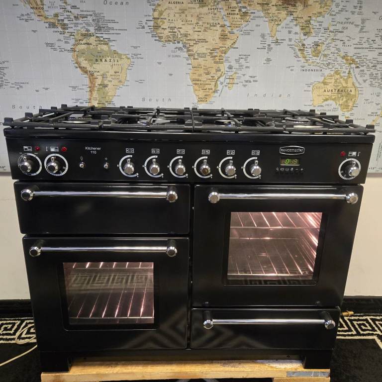 Rangemaster Kitchener Dual Fuel Range Cooker in Black and Chrome 110cm 