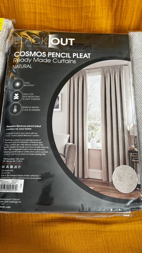 Brand New Set Of Curtains+ties Cosmos Pencil Pleat From Dunelm Black Out Natural