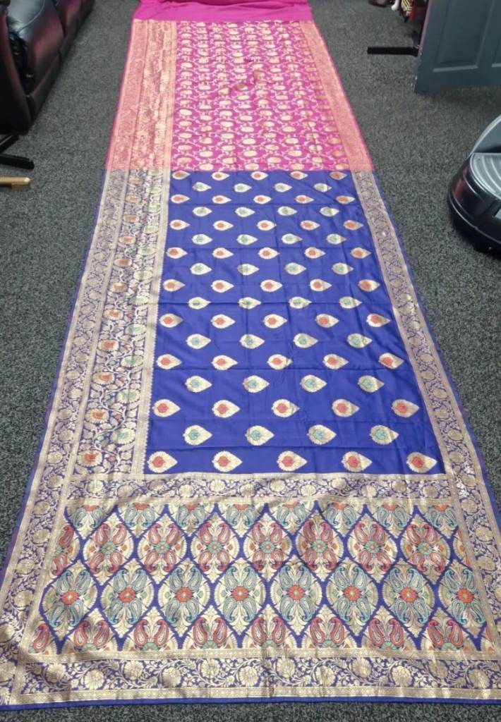 Royal Blue & Pink Silk Saree with Gold Zari Work