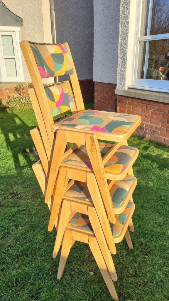 Dining chairs, mid-century / retro. Made in UK, Re-upholstered, stacking hardwood (beech)