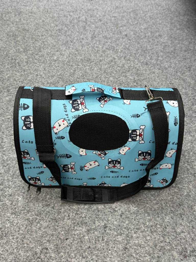 Pet Carrier Bag – Blue Cartoon Cats & Dogs Design with Mesh Ventilation