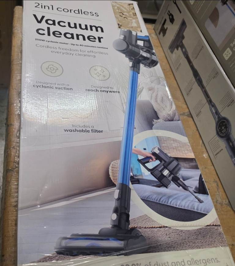 A new still boxed blue x silver 2 in 1  250W Cordless Vacuum Cleaner, 2 Speed.