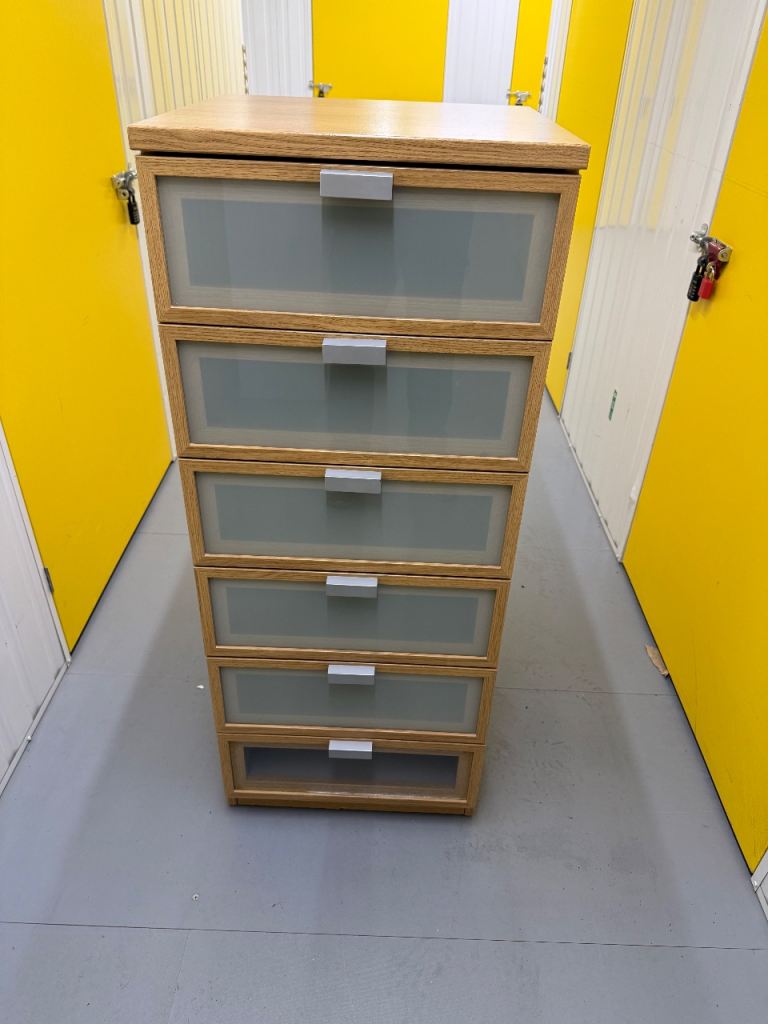 Chest of Drawers – 6 Drawer Wooden Unit with Frosted Glass