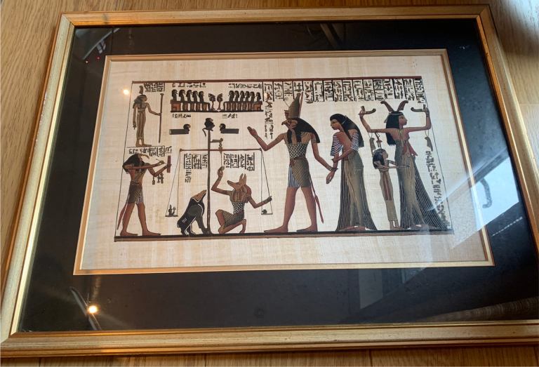 FRAMED EGYPTIAN PAPYRUS - Osiris making a judgment.