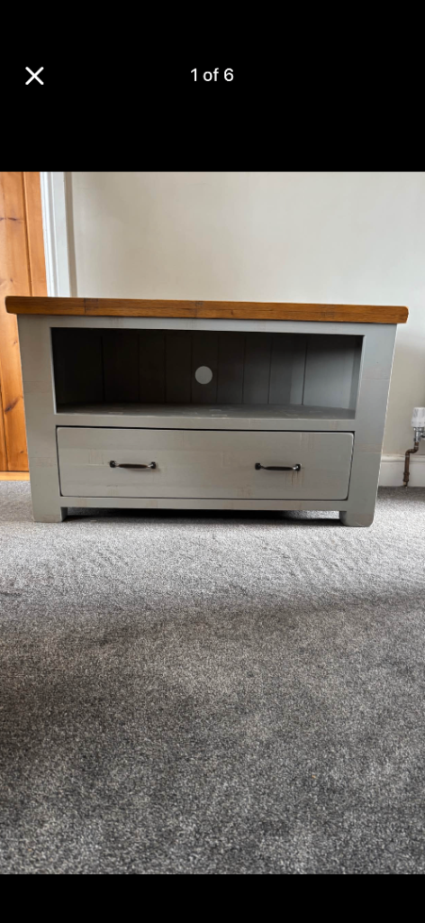 Sturdy Grey TV Unit with Wooden Top and Drawer
