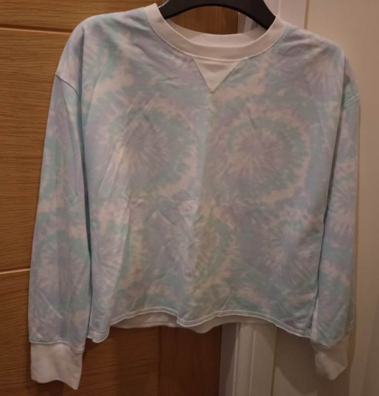 Gap Girls Light Blue, White & Green Tie Dye Long Sleeved Top - 10-11 Years (Large)
