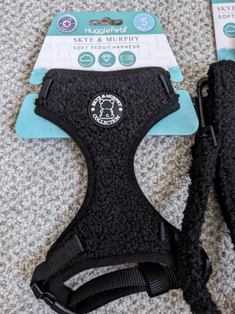 HugglePets Skye & Murphy Black Teddy Bear, Soft Dog Harness with matching lead