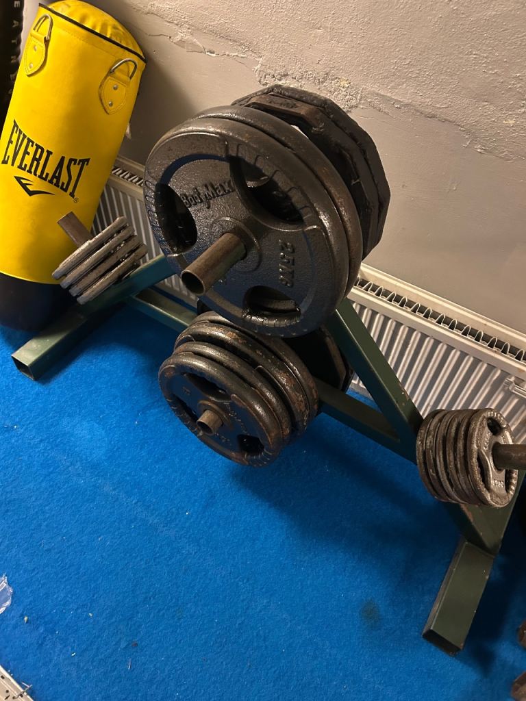 Weight Plates, Barbells, and Storage Rack – Well Used Gym Equipment