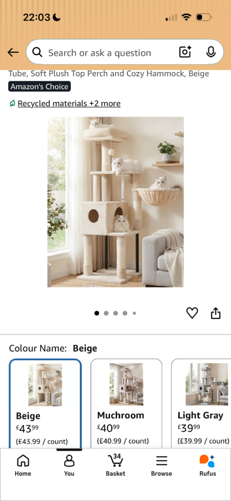 Heybly Cat Tree with Toy, 125cm Cat Tower
