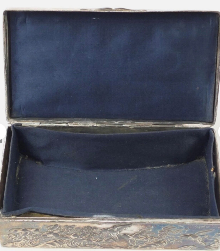 Antique Chinese silver Box  lined with blue cloth 
