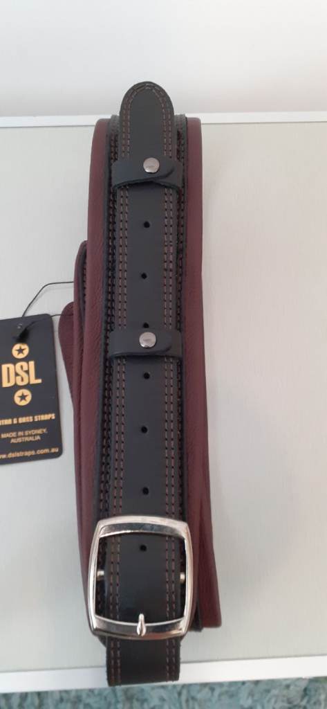 New DSL Black Leather Guitar Strap with Burgundy Padding