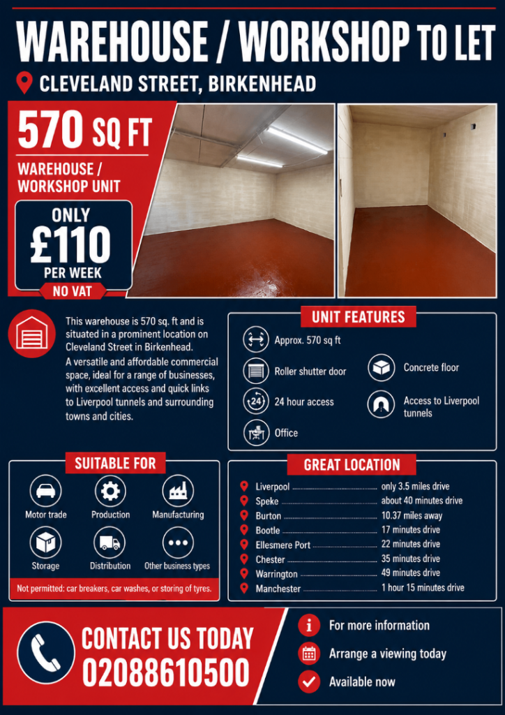  570 sq. ft warehouse  to let in Birkenhead for £110 per week. No VAT! No deposit!