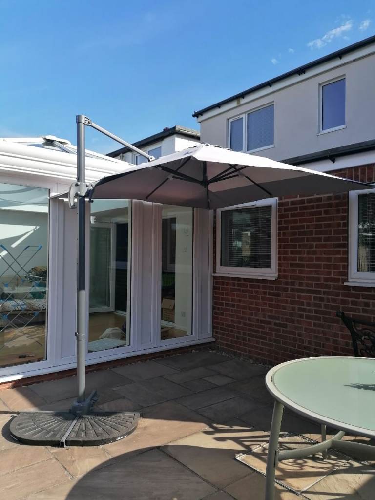 *OFFERS INVITED* Large Grey Cantilever Parasol with Base